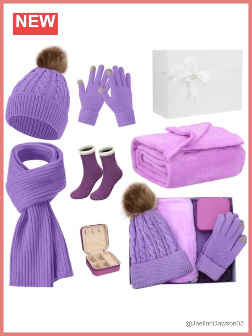 Winter Gift Set 7 Pcs Hat Scarf Gloves Throw Blanket Fuzzy Socks Jewelry Box